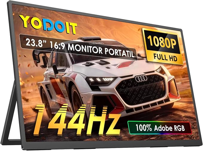 Yodoit Portable Monitor for Laptop 23.8" 144Hz 1080P Travel Gaming Monitor Screen IPS Display with USB Type C Port and Built-in Speakers Compatible with PC, Xbox Black
