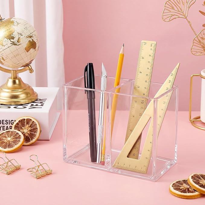 Gejoy 3 Pcs Acrylic Pencil Pen Holder Clear Makeup Brush Organizer 2 Compartments for Desktop Stationery Office Bedroom