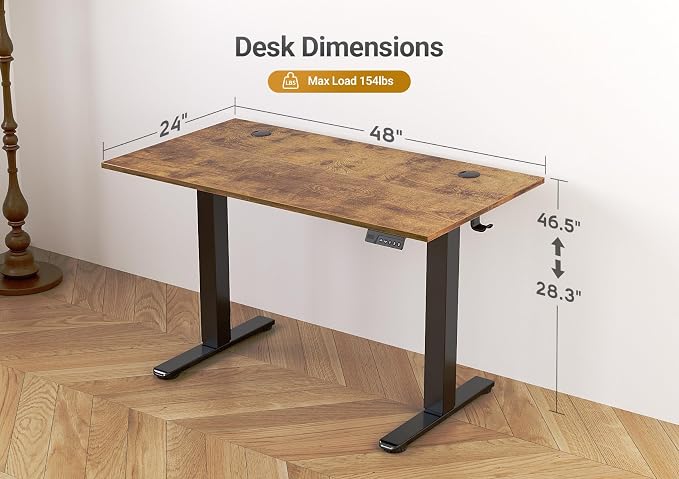 Seang Electric Standing Desk Adjustable Height, 48 x 24 Inch Sit Stand Desk with T-Shaped Frame, 3 Memory Presets & Cable Management for Home Office Computer Workstation, Black Frame/Rustic Brown Top