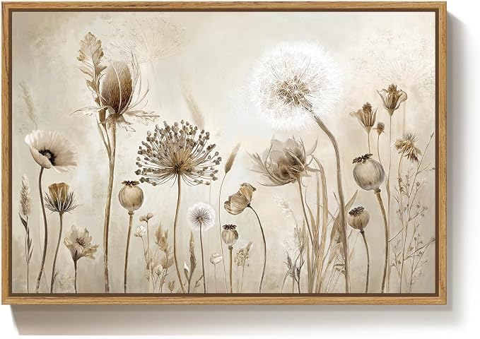 Framed Vintage Botanical Floral Wall Art, Neutral Rustic Flower Canvas Artwork for Modern Farmhouse, Minimalist Wildflower Dandelion Painting Prints for Living Room Bedroom Kitchen Dining room, 24x36