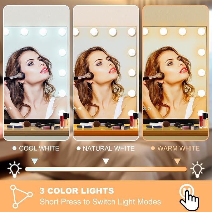 Moonee Vanity Mirror with Lights, Black Hollywood Lighted Makeup Mirror with 15 Dimmable Bulbs and 10X Magnification, 3 Colors Modes, Aluminum Metal Frame, Light Up Mirror for Tabletop/Wall（23" x 18"）