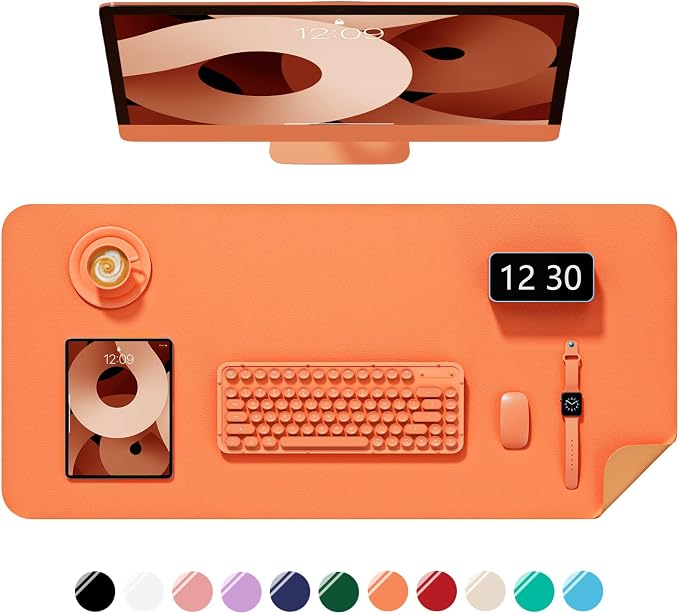 Desk Pad, 30" x 14" PU Leather Non-Slip Desk Mat Large Mouse Pad for Desktop, Waterproof Laptop Computer Writing Mat for Office, Home, Work, Gaming, Orange