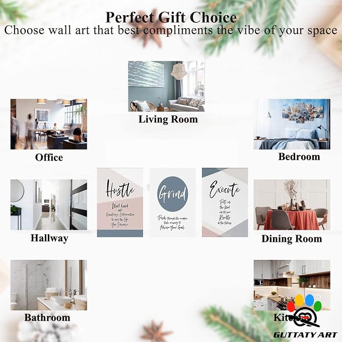 Office Wall Art - 3 Panel Motivational Wall Art, Inspirational Quotes Canvas Art for Home Office Wall Decor, Positive Quotes Wall Decor, Entrepreneur Grind Hustle Execution Poster Frame (20”x30”x3Pcs)