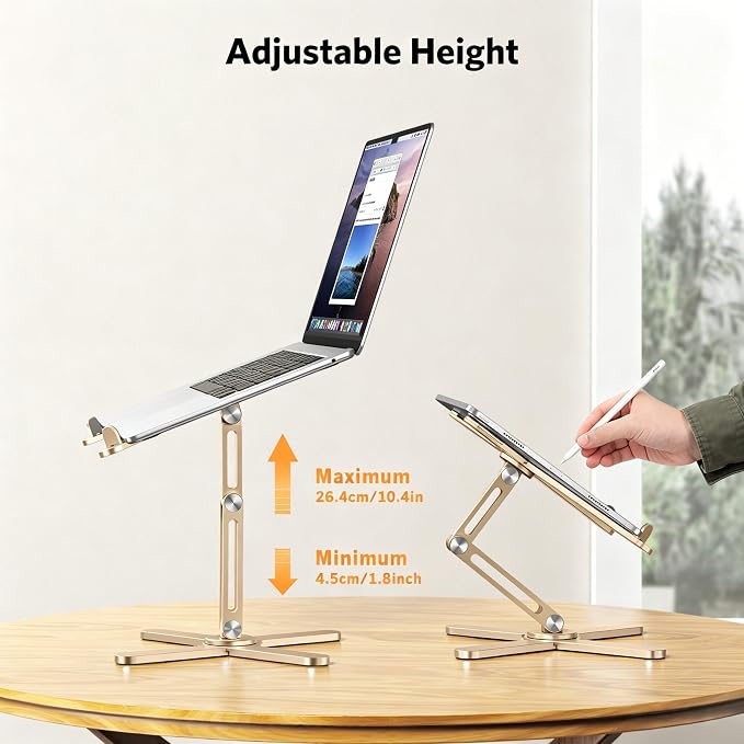 OMOTON 360° Rotating Laptop Stand Riser for Desk, Ergonomic Foldable Computer Stand Adjustable Height Angles for Collaborative Work, Easy Storage Fit Macbooks,All Laptops up to 16 inches, Gold