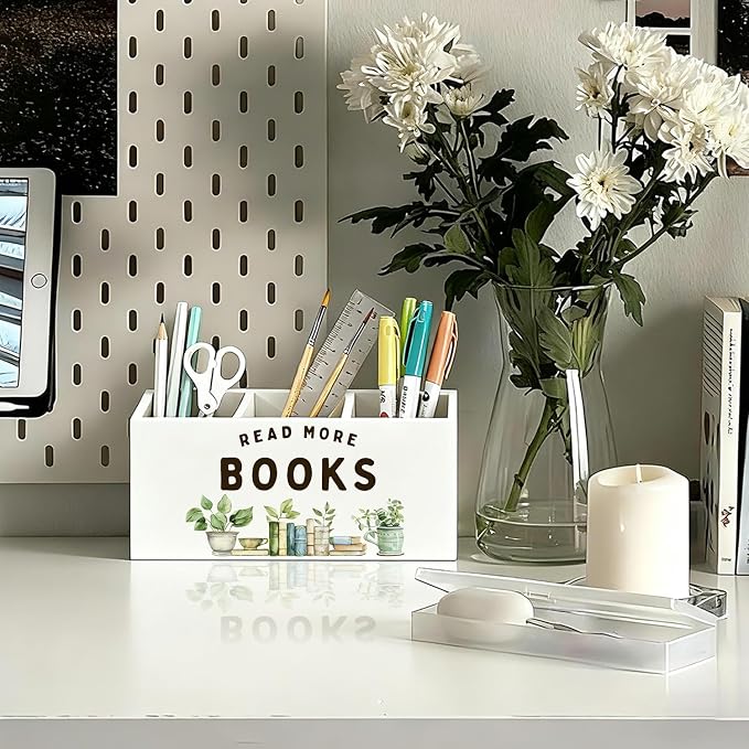 Book Lovers Gifts Pen Holder, Book Reader Gifts Pencil Holder for Desk, Read More Books Wooden Box Sign Decorations for Reading Room Corner Nook Classroom Desk Tabletop