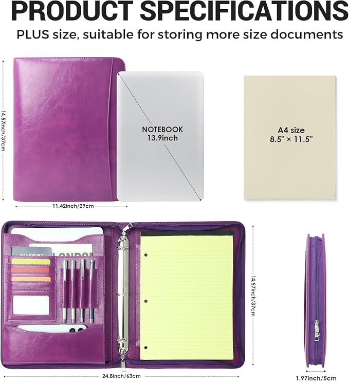 Faux Leather Zippered Padfolio with 3 Ring Binder, Executive Portfolio Organizer Binder for Women, Fits 13.9" Laptop/Tablet, Refillable Writing Pad Pocket, Purple