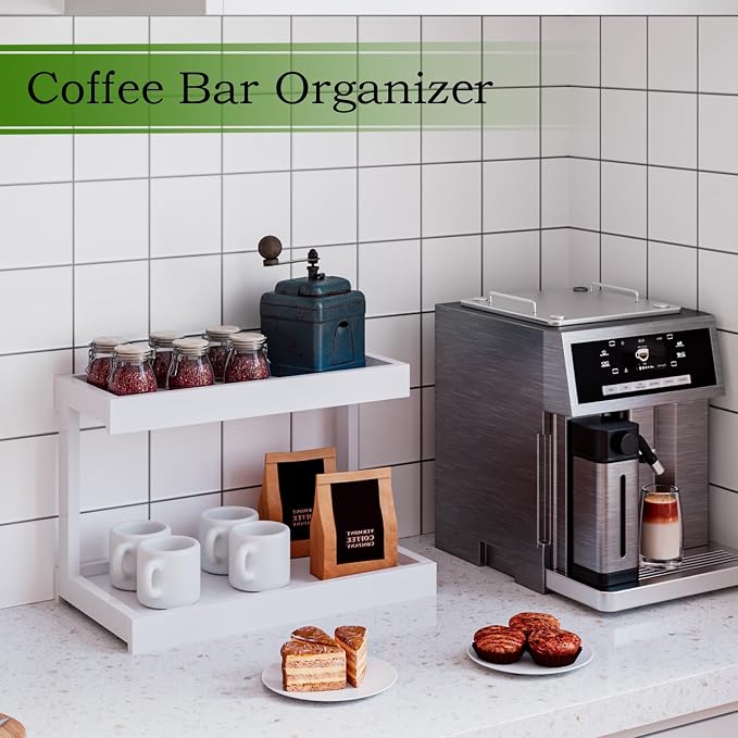 MARTY Counter Shelf Organizer, 2 Tier Spice Rack for Countertop, White | Coffee Bar/Station/Syrup Organizer for Countertop, 15.75''Lx8.9"W Large Desk Shelf Riser, for Kitchen Bathroom Bedroom Office