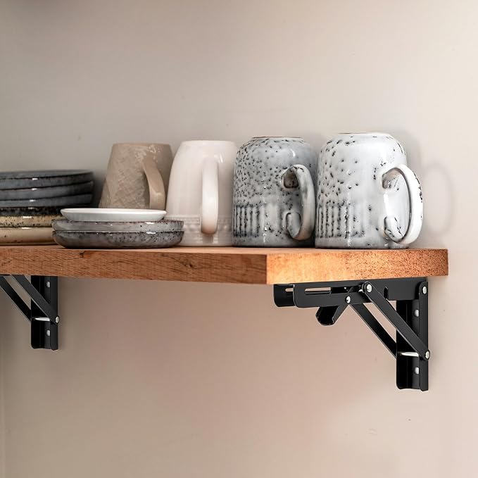 Ravinte 2 Pack 24 Inch Folding Shelf Brackets – Matte Black, Heavy Duty Collapsible Brackets for Tables and Benches – Space-Saving Design