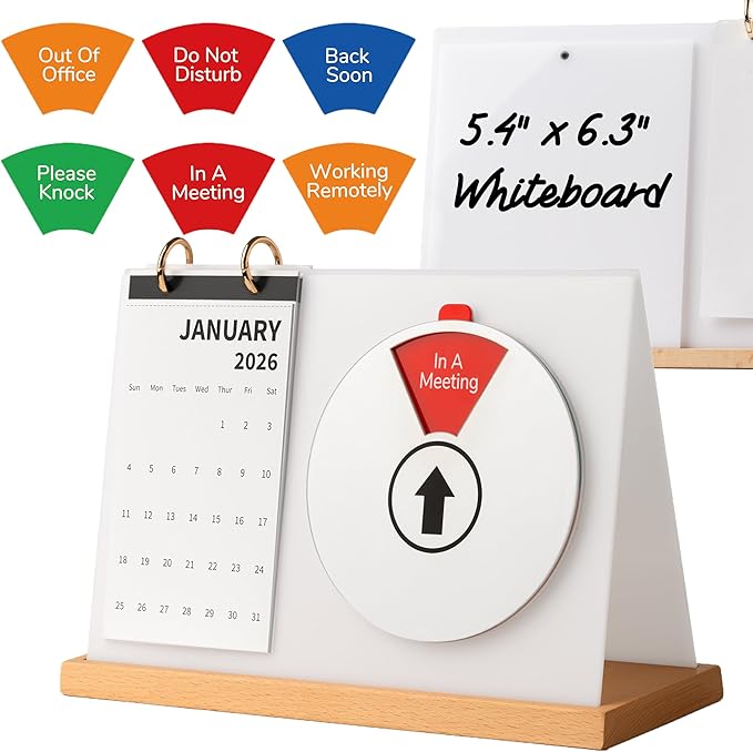 2026 Desk Calendar with Do Not Disturb Sign, 3-in-1 Acrylic Whiteboard & Status Indicator, Flat Solid Wood Office Decor & Desktop Organizer, WFH Essentials & New Job Gift for Coworkers, 10.3x3.5 White
