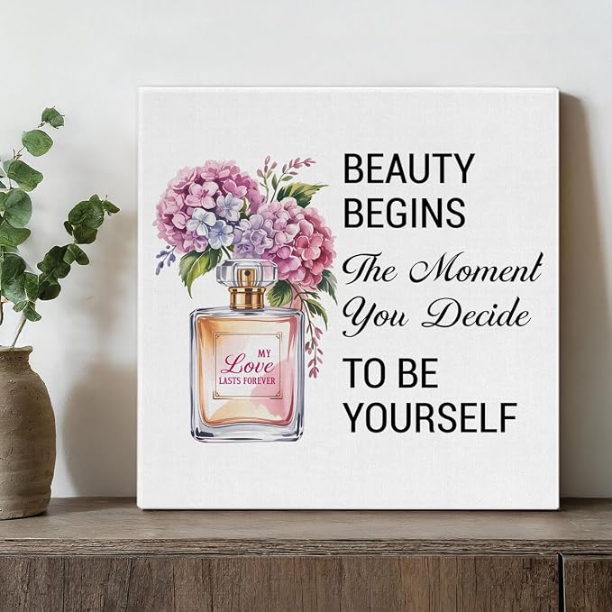 Inspirational Pink Flower Wall Art Decor for Powder Room Bedroom Bathroom, Motivational Quotes Wall Decor Canvas Painting Pictures Artwork Gift for Women Teens (8 X 8 Inches, Framed)