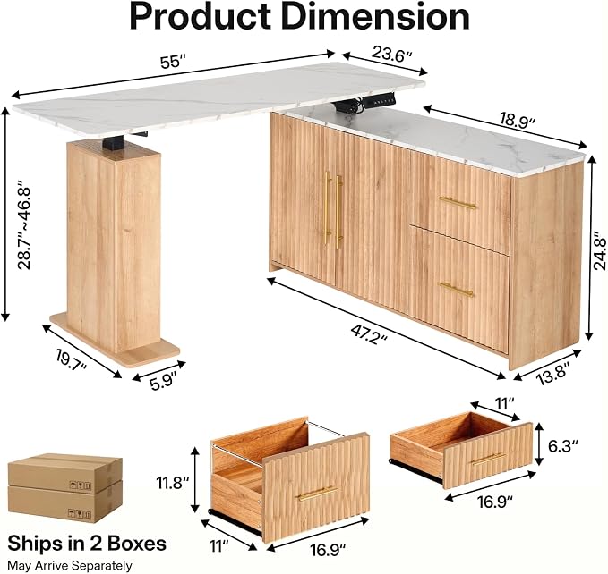 NORTHSKY 55'' L-Shaped Standing Desk, Electric Height Adjustable Sit-Stand Desk with Drawers & Storage Cabinet, Fluted Modern Corner Desk for Home Office