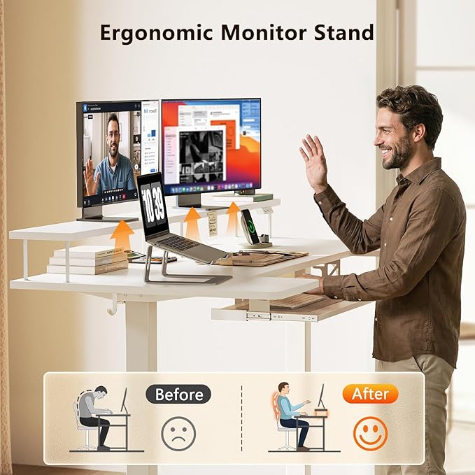 OffiGo U Shaped Electric Standing Desk with Keyboard Tray, 63 Inch Height Adjustable Desk with Power Outlets & LED Lights, Sit Stand Table with Monitor Stand for Home, Office, White