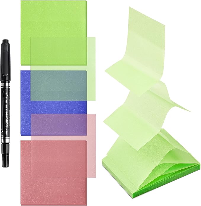 BAYTORY 240 Sheets Pop Paper Up Transparent Glitter Sticky Notes, 1Pc Double Maker Pen, Waterproof Self-Stick Note, 3 x 3 Colorful Self-Adhesive Note for Bible Accessories (Green & Pink & Blue)