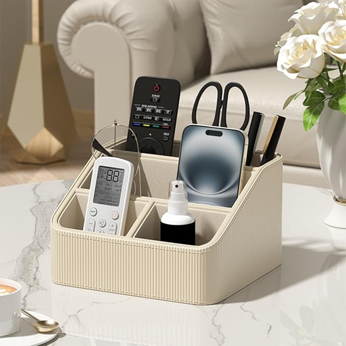 Buqoo Coffee PU Leather Desk Organizer with Gold Accents | 4-Compartment Remote Holder & Stationery Caddy for Office/Nightstand (6.89in×6.69in×3.94in)