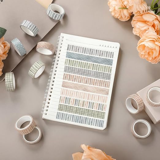12 Rolls Watercolor Floral Washi Tape Set 15 mm Vintage Flower Decorative Masking Tape for Summer School Arts DIY Craft Scrapbook Journal Supplies Gifts(Watercolor,Stripes and Plaid)
