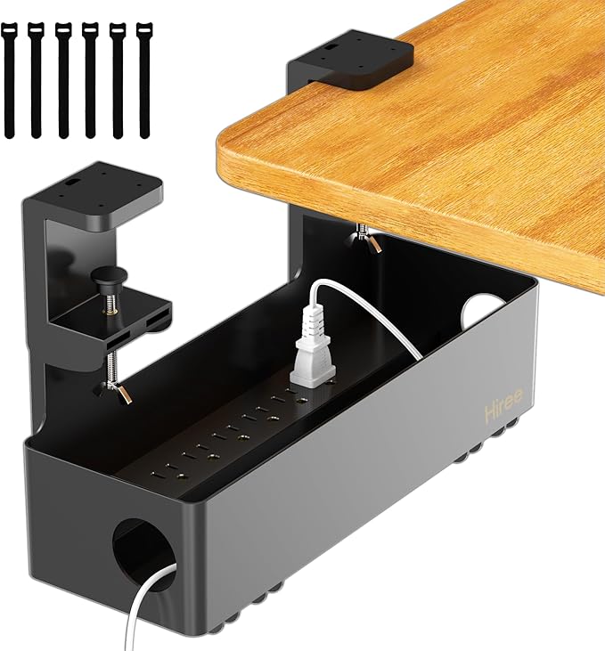 Under Desk Cable Management Tray with 6 AC Power Outlet and Clamp Mount, No Drill Cord Storage Organizers for Wire Management, Standing Desk, Computer Cord Rack for Office & Home (Black)