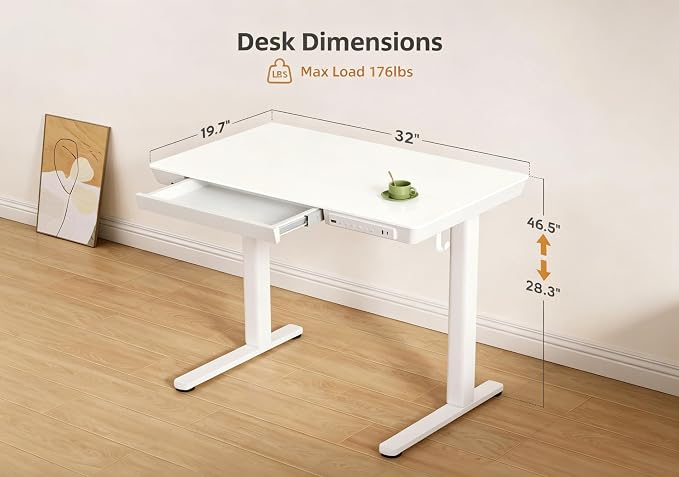 Claiks Small Glass Standing Desk with Drawers & USB Ports 32x19 White | 3 Steps Quick Install, Buil in Drawer, USB Ports, Ultra White One-Piece Glass Top, Writable Top