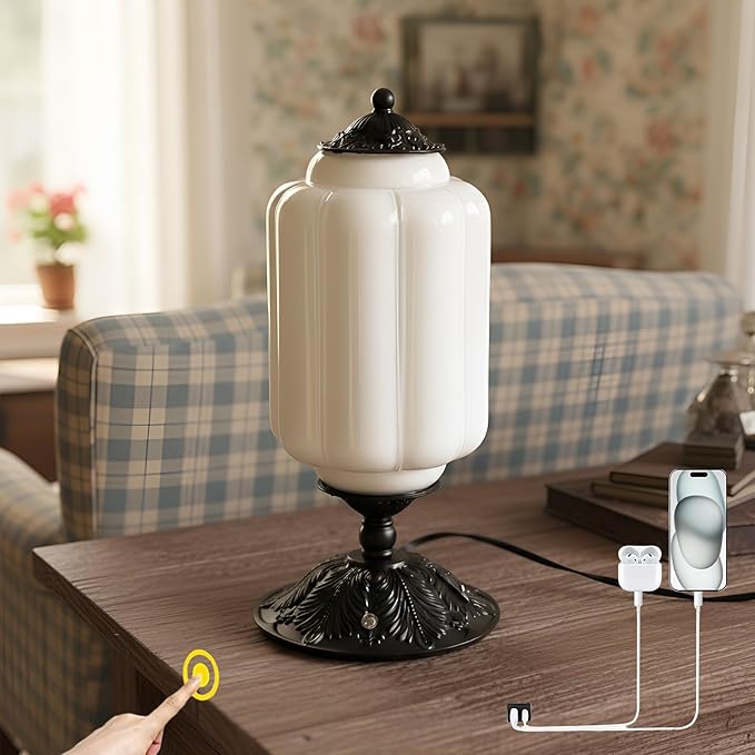 Vintage Touch Bedside Table Lamp, Elegant Green Glass Bedside Desk Lamp 3 Way Dimmable with USB C+A Charging Ports - Bedroom Nightstand & Living Room Essential (White, 6.5)