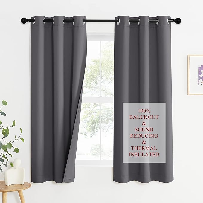 NICETOWN Noise Reduction Blackout Curtains, Thermal Insulated Full Blackout 3-Layer Lined Drapes, Energy Efficiency Window Draperies for Bedroom (Grey, 2 Panels, 42-inch W by 63-inch L)