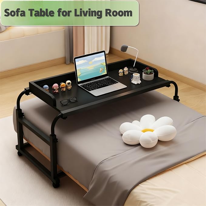 Overbed Table with Wheels and Desktop Enclosure, Height and Length Adjustable Over Bed Desk King Queen Bed Table Overbed Laptop Table (Black)