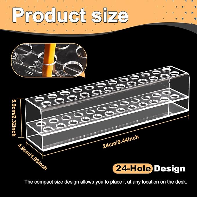 Acrylic Pen Holder, 24-Slots Pen Stand Clear Pen Holder Pen Display Stand Eyebrow Pen Stand Art Brush Rack Makeup Brush Rack Organizer for Home Office Desk School Supplies