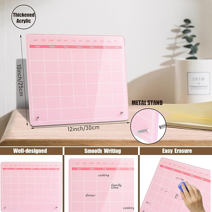 Calendar Dry Erase Board,12"X10",Acrylic Desk Calendar with Stand,Pink Dry Erase Board for Home Office School