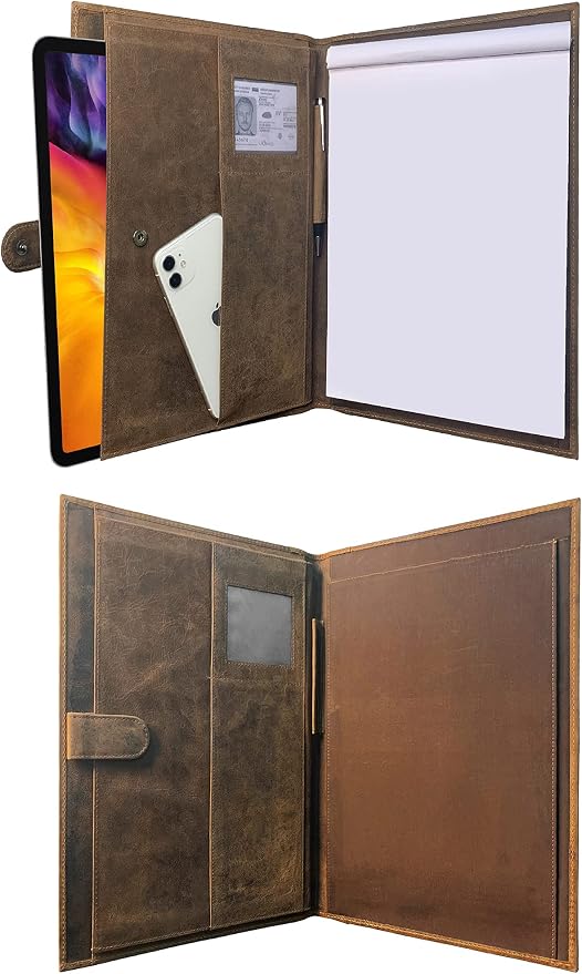 Leather A4 Conference Folder | Professional Organizer for Men and Women | Handmade Durable Leather Portfolio with Sleeves for Documents and Notepad by Rustic Town (Brown)