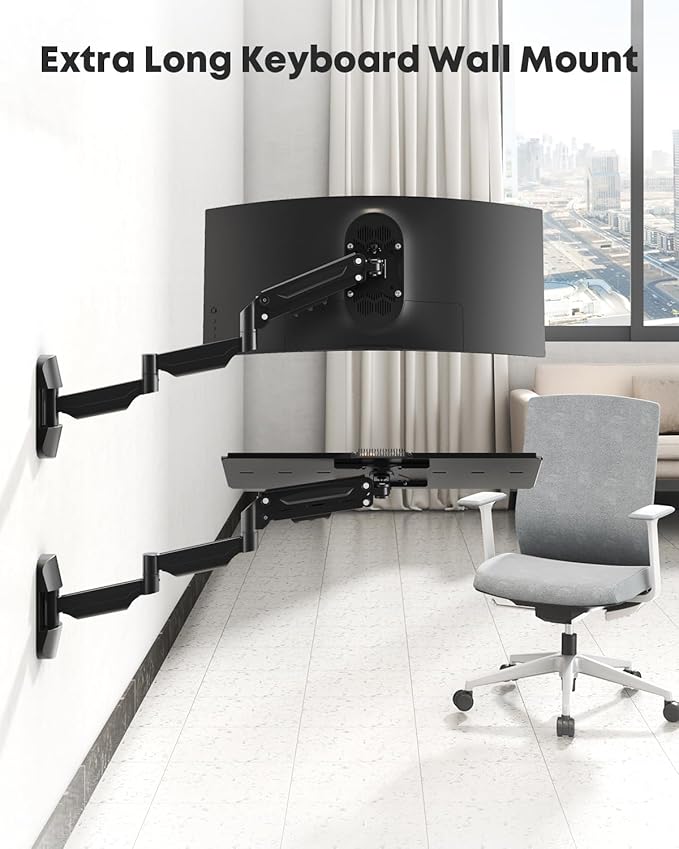 Extra Long Keyboard Wall Mount - 26 Inch Wall Mount Keyboard and Mouse Tray, Full Motion Typing Platform with Spring Arm, Holds up to 19.8 lbs, Black