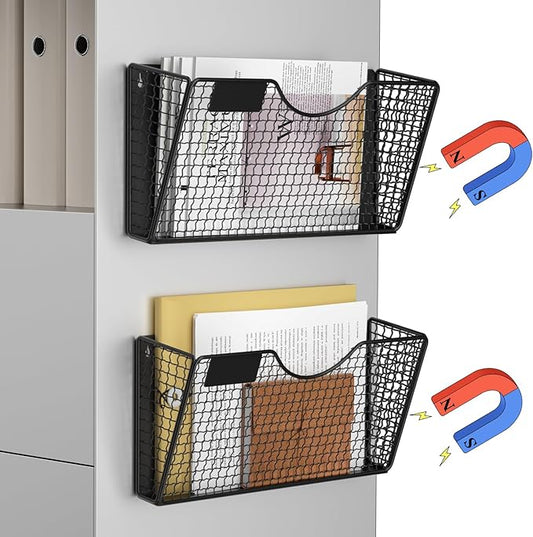 MFTEK Magnetic File Holder, 2 Pockets Magnetic File Folder Holder No Drilling Magnet Paper Mail Organizer Magazine Basket, Hanging Wall Storage Rack for Fridge Cabinets Office Classroom