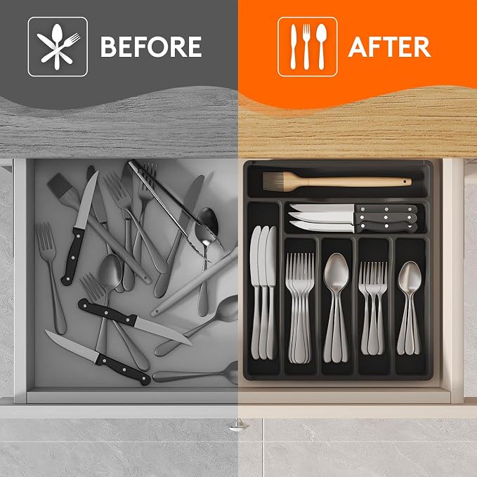 Lifewit Silverware Drawer Organizer Tray, Plastic Cutlery Storage for Kitchen, Flatware and Utensil Holder Divider for Spoons Forks Knives Tableware, 12.3 x 14.2", 7 Slots, Black