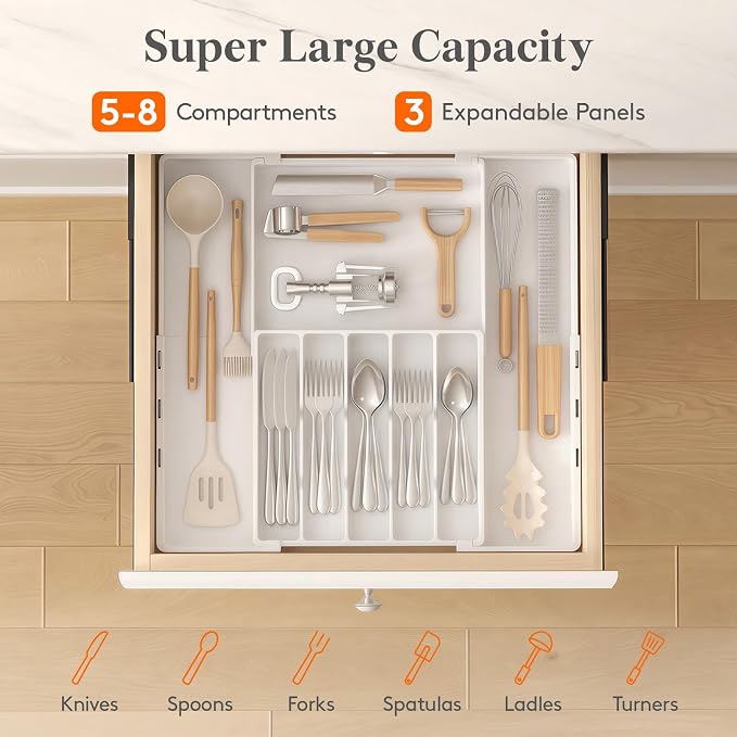 Lifewit Silverware Drawer Organizer, Expandable Utensil Tray for Kitchen, BPA Free Flatware and Cutlery Holder, Adjustable Plastic Storage for Spoons Forks Knives, 5-8 Slots, White