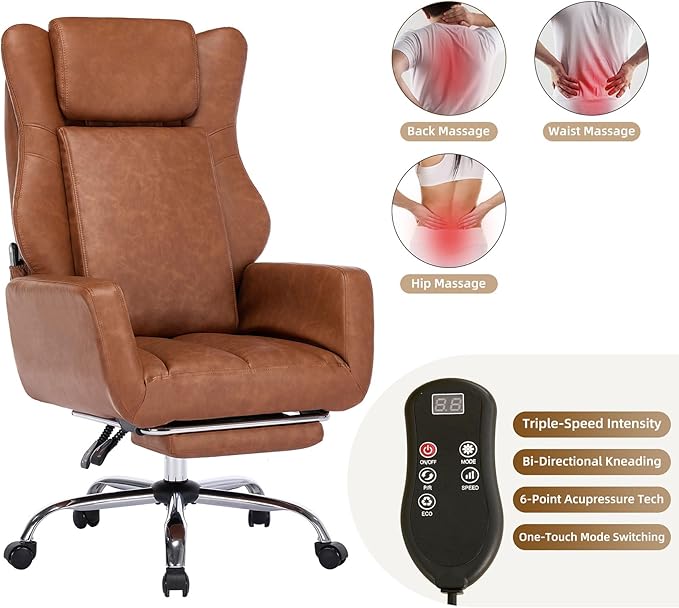DYHOME Brown Leather Office Chair with Massage and Footrest, Heavy Duty Task Desk Chairs, Swivel Ergonomic Computer Gaming Chairs with Lumbar Support, Wheels Flip-up Arms Adjustable Height
