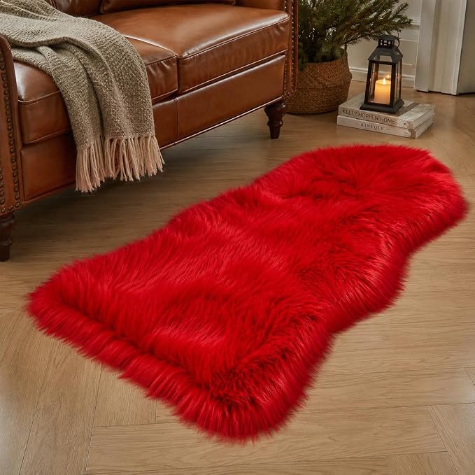 EasyJoy Ultra Soft Faux Fur Rug Fluffy Sheepskin Rug for Bedroom Living Room Sofa Bedside Floor(2 x 4 ft Sheepskin, Red)