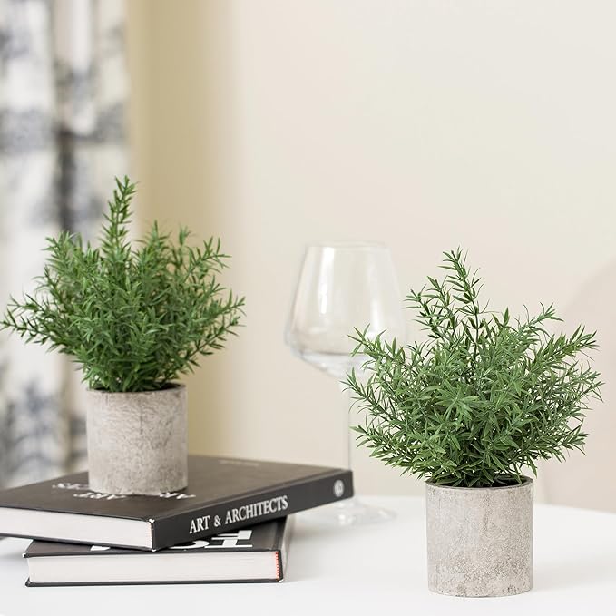 2 Pack Small Fake Plants Rosemary Potted Artificial Plants for Shelf Desk Home Bathroom Farmhouse Room Coffee Table Decor (Green)