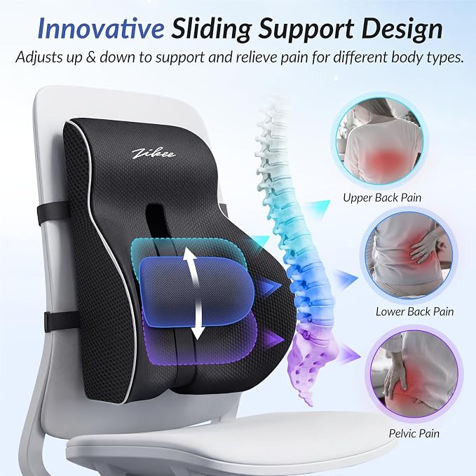 ZIKEE Adjustable Lumbar Support Pillow for Office Chair with Sliding Design for Precise Pain Relief & Support, Ergonomic Lumbar Pillow Improves Posture, Back Support Pillow for Office, Car, Home
