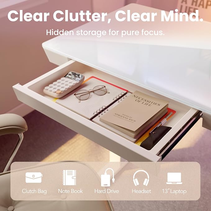 HUANUO Glass Standing Desk with Drawers, 40 X 24 Inch Electric Adjustable Height Desk, Quick Install One-Piece Tabletop with USB Charging Ports, White