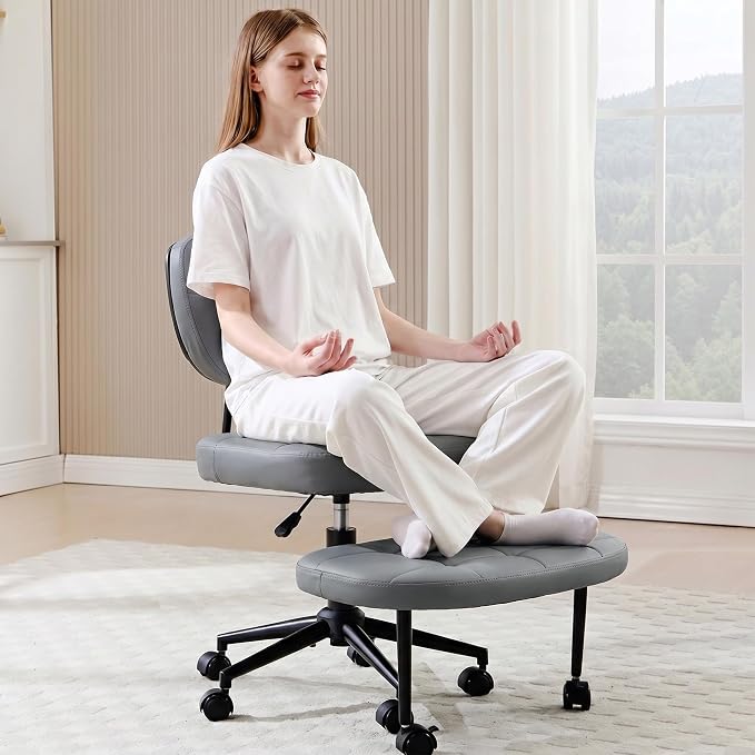 Criss Cross Chair Armless Office Chair for Cross Legged Sitting, 300lb Heavy Duty Ergonomic Desk Chair for ADHD, Adjustable Meditation Yoga Kneeling Chair with Brake Wheels for Home Office (Grey)