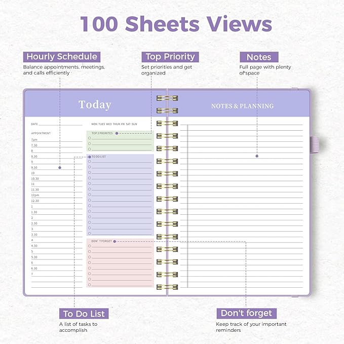 Oucaru Undated Daily Planner, A5 Spiral Notebook with Hourly Schedule, To Do List, Priorities, and Notes for Productivity - Easily Organize Your Tasks, Appointments & Goals for Women