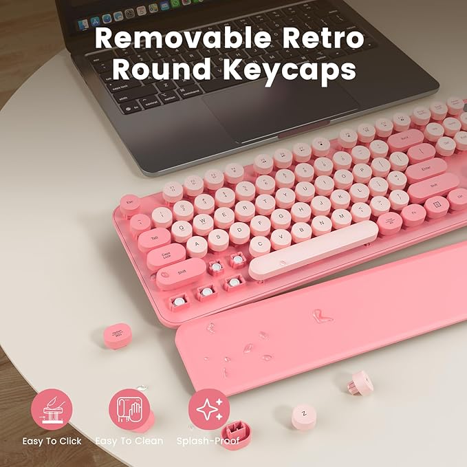 Wireless Keyboard, Round Keycaps, Retro Typewriter Keyboard with Detachable Wrist Rest, Sleep Mode, Foldable Legs, 2.4GHz Full-Size Cordless Computer Keyboard for Windows/PC/Laptop (Pale Pink Colors)