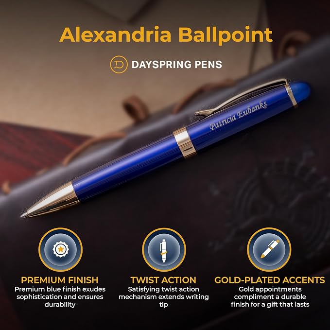 Dayspring Pens Alexandria Blue Ballpoint Pen, Blue with Gold Trim, Large Barrel, Gold Engraving on Cap, Parker G2 Refill Compatible, Gift for Graduation, Career Advancement, Birthdays