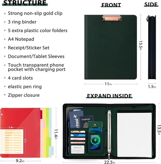 Ospelelf Leather Clipboard with Storage, Zippered Padfolio Portfolio Organizer, 3 Ring Binder 1 Inch, Notepad, Tablet Sleeve, 5 Dividers with Pocket for Office, Nurses,Students, Teachers Green