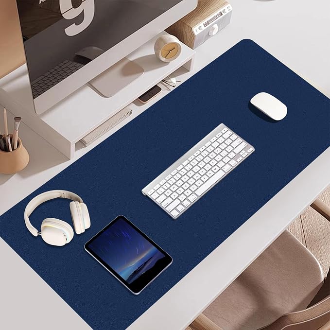 Large Desk Pad 35.4" x 17", Non-Slip Desk Mat with PU Leather & Natural Cork, Waterproof Writing Desk Natural Cork, Computer Mat Desk Protector for Office Home, Dark Blue