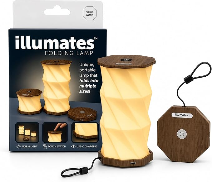 Origami Expanding Foldable LED Desk Lamp – USB Rechargeable & Portable - Dimmable Touch Control Light with Adjustable Height up to 8.25" for Office, Travel, Bedside & Modern Design (Wood Grain)