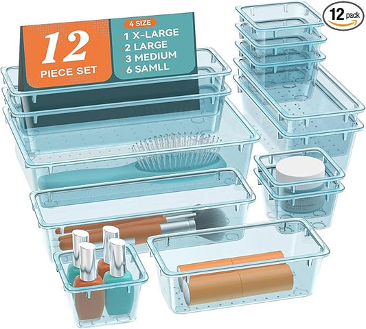 ElegantArray 12-Piece Drawer Organizer Set, 4 Sizes Versatile Plastic Vanity Organizer for Makeup, Stationery, Gadgets, in Kitchen, Bathroom, Office, and Bedroom, Sea Blue