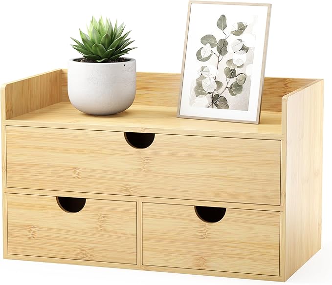 Desk Organizer with Drawers - Bamboo Desktop Organizer Storage | White-Natural Wood Desk Drawers Organizer for Bills, Office Supplies, Cosmetics, Seals No Assembly Required(3 Drawers With Shelf)