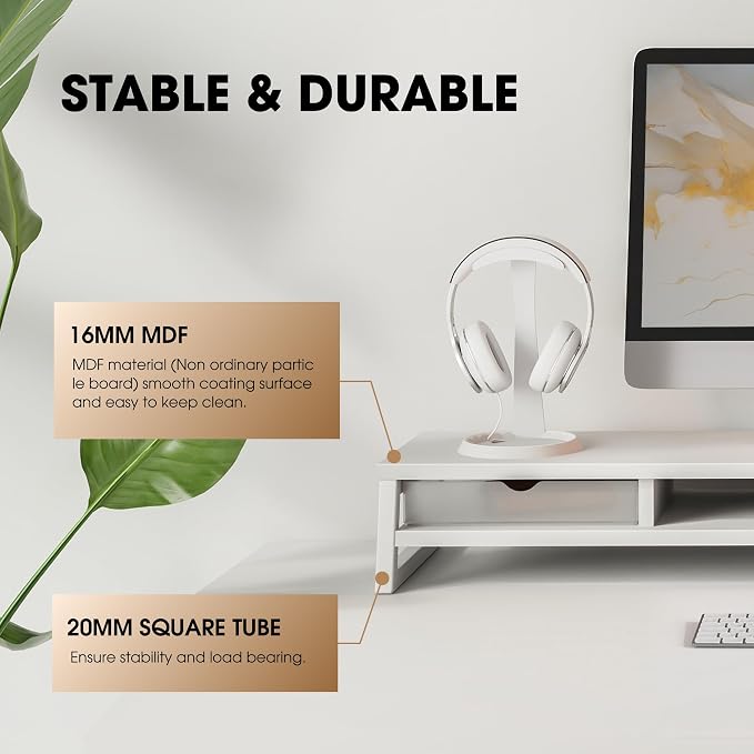 Fenge Dual Monitor Riser with Drwrs, Monitor Stand for Desk, 42.5 Inch Large Computer Monitor Stand for 2 27 Inches Monitors, 2 Tier Wooden Desk Shelf