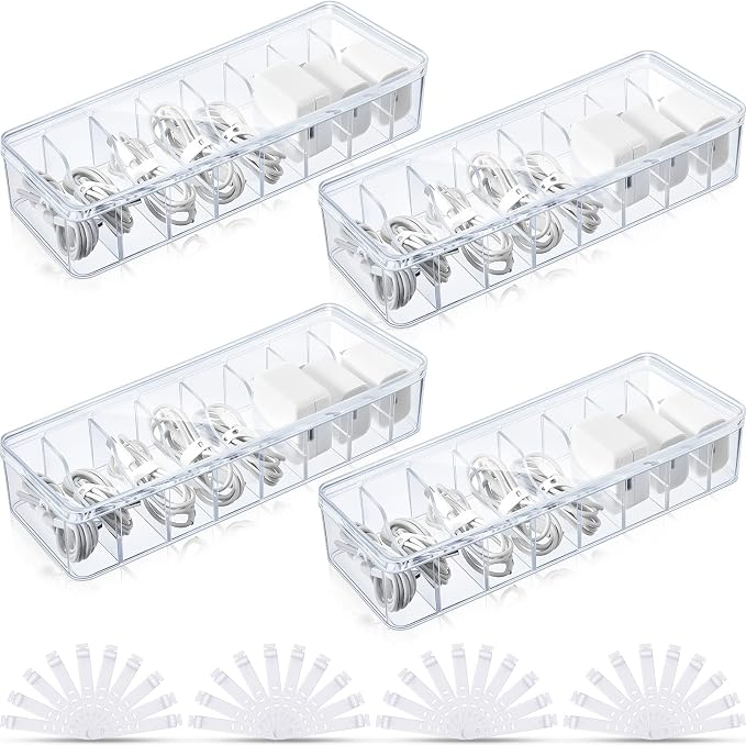 Tatuo 4 Pcs Cord Organizer for Drawer Desktop, Cable Organizer Box with 8 Compartments and Wire Ties, Plastic Charger Storage with Lid, Electronics Case for Home Office Accessories (Small,Clear)