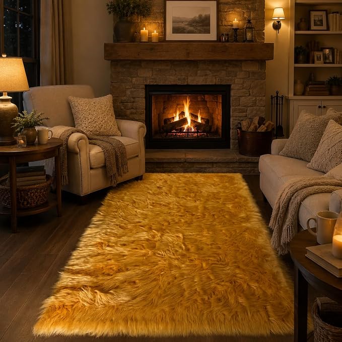 EasyJoy Faux Sheepskin Rug, Fluffy Faux Fur Rug, Ultra Soft Shag Area Rug with Non-Slip Backing for Bedroom, Living Room, Nursery, Kids Room(4 x 6 ft Rectangle, Golden Yellow)