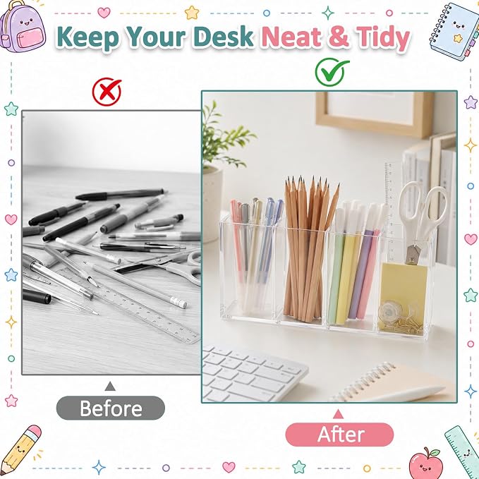 Mototo Acrylic Pen Holder Back to School 4 Compartments Pencil Organizer | Clear Pencil Cup Desktop Caddy Makeup Brush Storage Solution for Cosmetic Office Bathroom Kitchen Home Coffee Bar Container