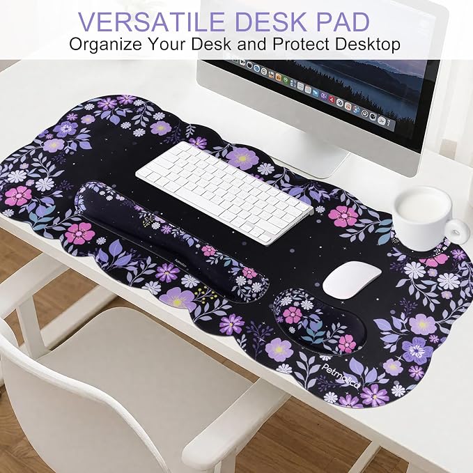 Petmolico Desk Pad Set with Wrist Rest for Keyboard & Mouse, Purple Floral | Anti-slip PU base, durable Lycra & memory foam, relieves wrist fatigue, perfect for work, home & daily use
